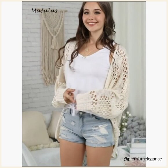 Oversized Crochet Cardigan Kimono Boho Long Sleeve Lightweight Knit Sweater - Picture 5 of 7